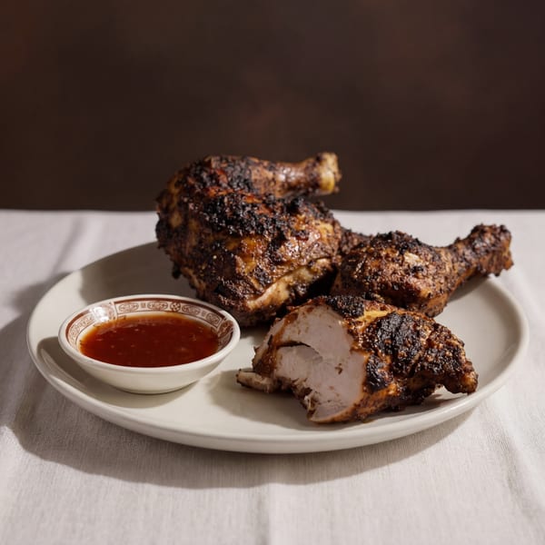 Three pieces of grilled chicken, one cut open, with a side of dipping sauce on a white plate.