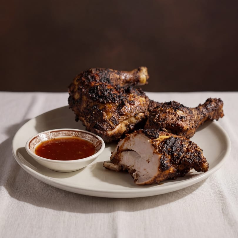 Three pieces of grilled chicken, one cut open, with a side of dipping sauce on a white plate.