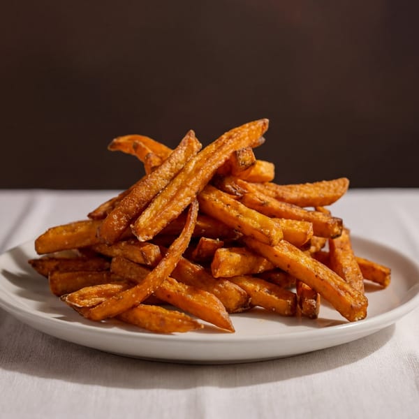 A large pile of golden-brown sweet potato fries, lightly salted, on a white plate.