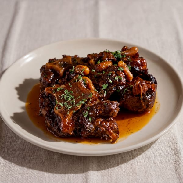 Braised oxtail with a rich brown sauce and fresh parsley on a white plate.
