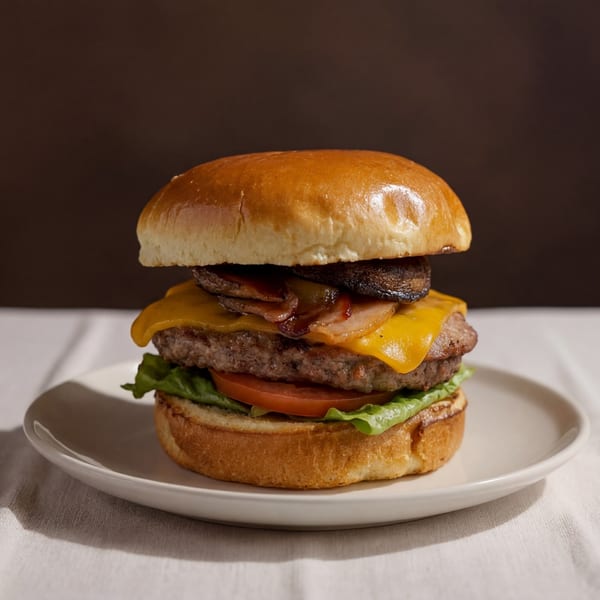 A gourmet burger with melted cheese, bacon, mushrooms, lettuce, and tomato on a white plate.