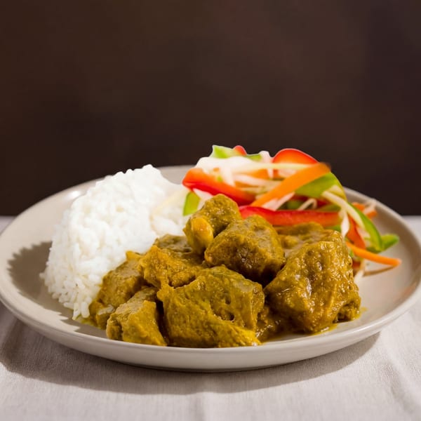 Curry chicken with white rice and a side of colorful julienned vegetables on a light plate.