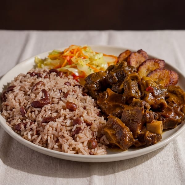 A plate of Jamaican oxtail stew with rice and peas, fried plantains, and pickled vegetables.