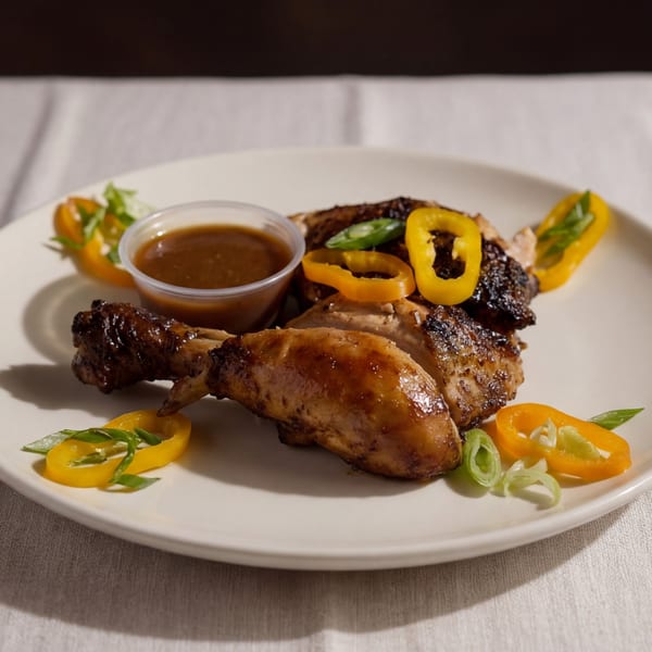 Glazed chicken leg and thigh with yellow bell peppers, green onions, and a side of sauce.