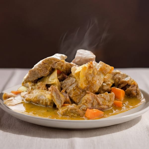 Steaming hot stew with chunks of meat, potatoes, and carrots in a rich sauce on a white plate.