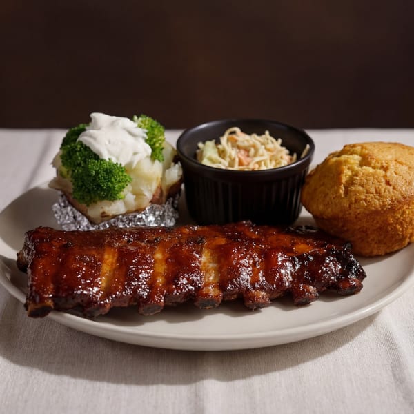 Plate of BBQ ribs with baked potato, broccoli, coleslaw, and cornbread on a white tablecloth.